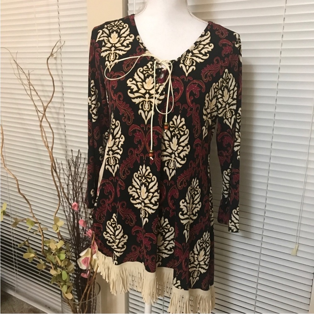 Honeyme Black and Cream Tunic with Fringe